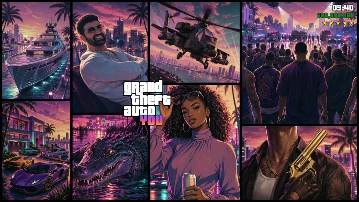 Premium GTA cover with the user's real face painted in as the hero